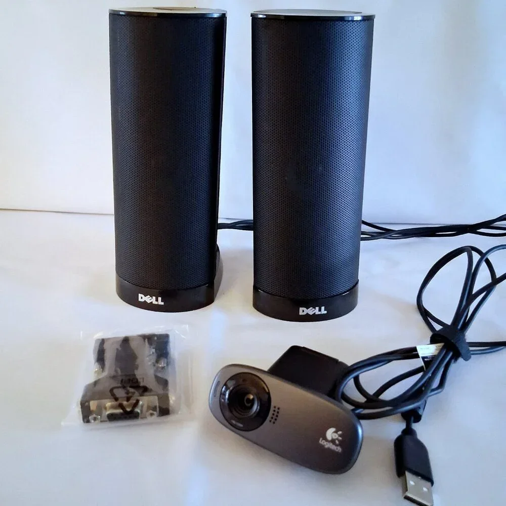 Lot of 3 Electronics: Speakers, Webcam, And DVI-A to VGA Adapter.